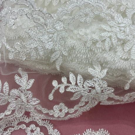 Embroidered Corded Lace Trim Ivory Silver