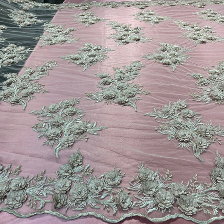 Beaded 3D Floral Lace Polyester Fabric - Lt. Blush With Silver, 54" Width (1 Yard)