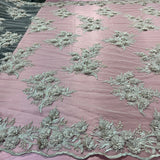 Beaded 3D Floral Lace Fabric Lt. Blush with Silver 54"