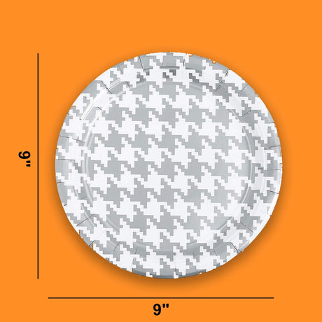Silver Houndstooth Print Round Paper Dinner Plates 8 Count