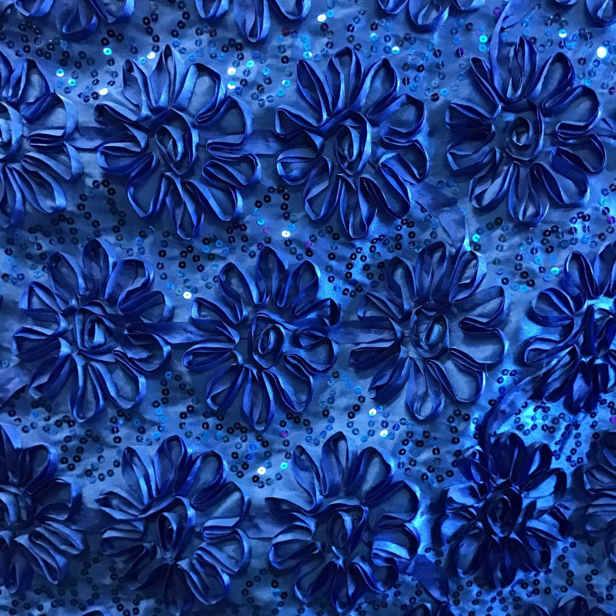 Royal Blue Sequined Rosette Satin Fabric,