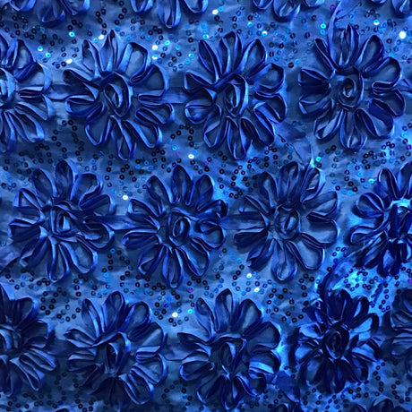 Royal Blue Sequined Rosette Satin Fabric,