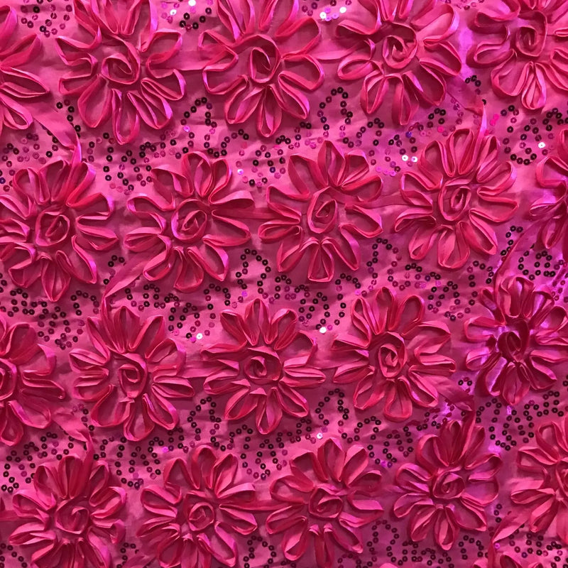 Fuchsia Sequined Rosette Satin Fabric
