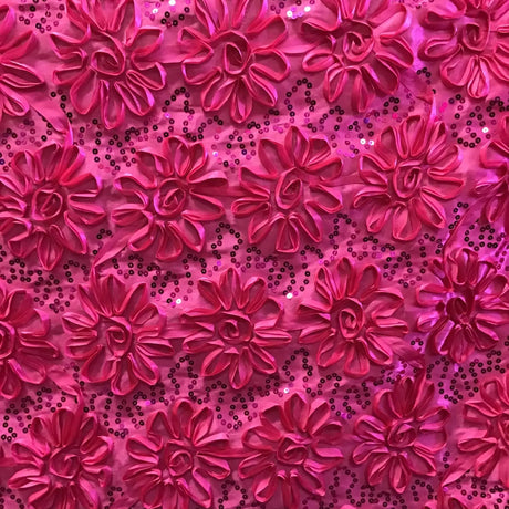Fuchsia Sequined Rosette Satin Fabric