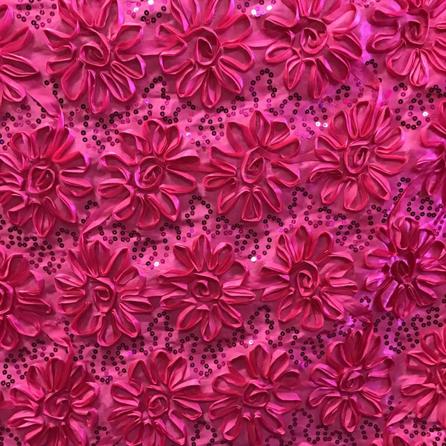 Fuchsia Sequined Rosette Satin Fabric