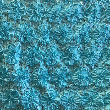Aqua Sequined Rosette Satin Fabric,