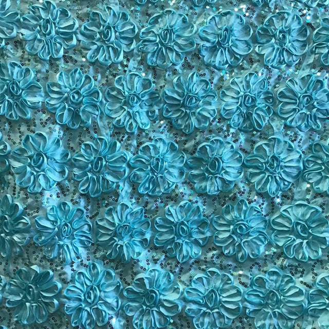 Aqua Sequined Rosette Satin Fabric,
