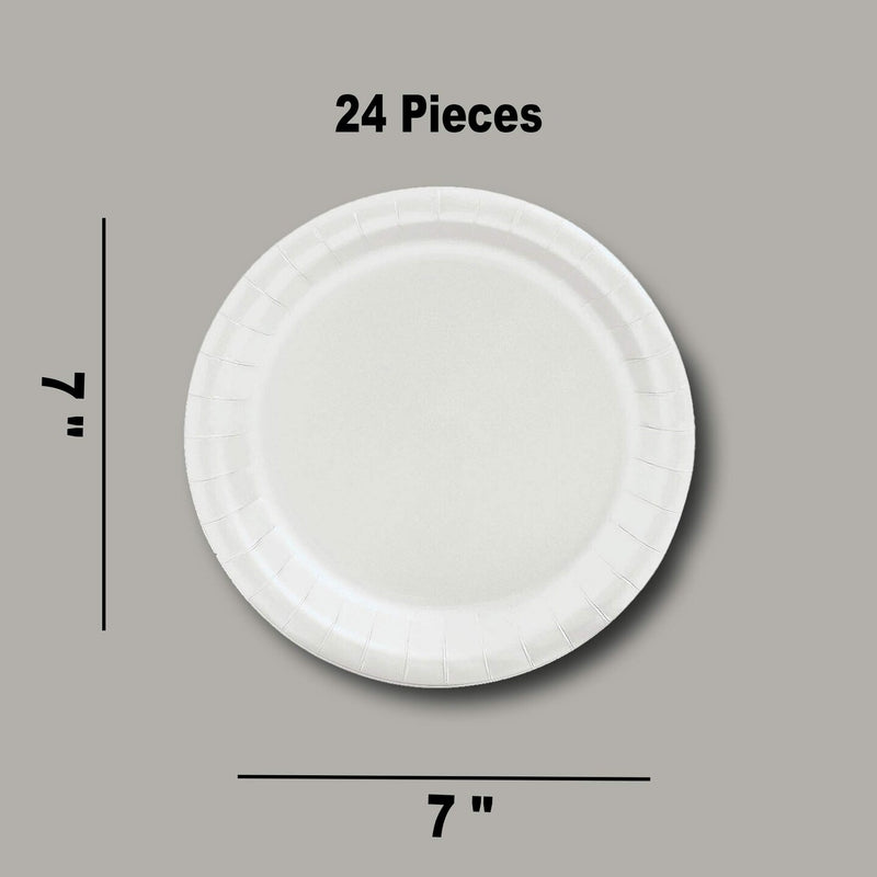 24 Count White Color Paper Plates Round 7 Inch Disposable Party Tableware