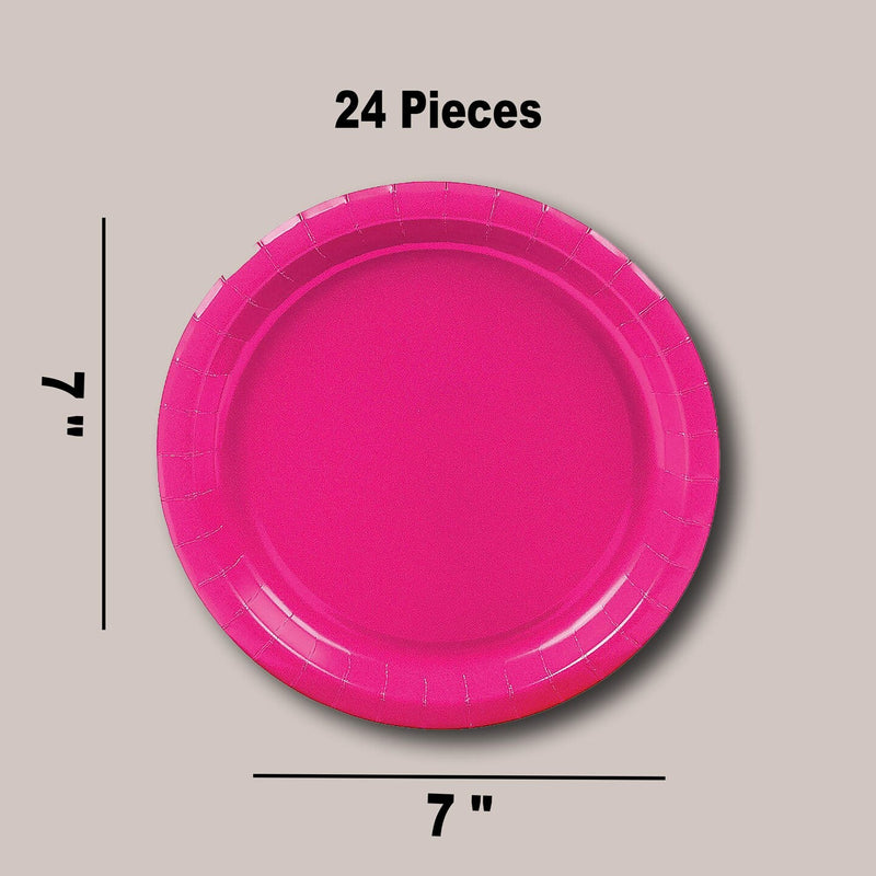 24 Count Hot Pink Paper Dessert Plates Round 7 Inch Disposable Plates for Events