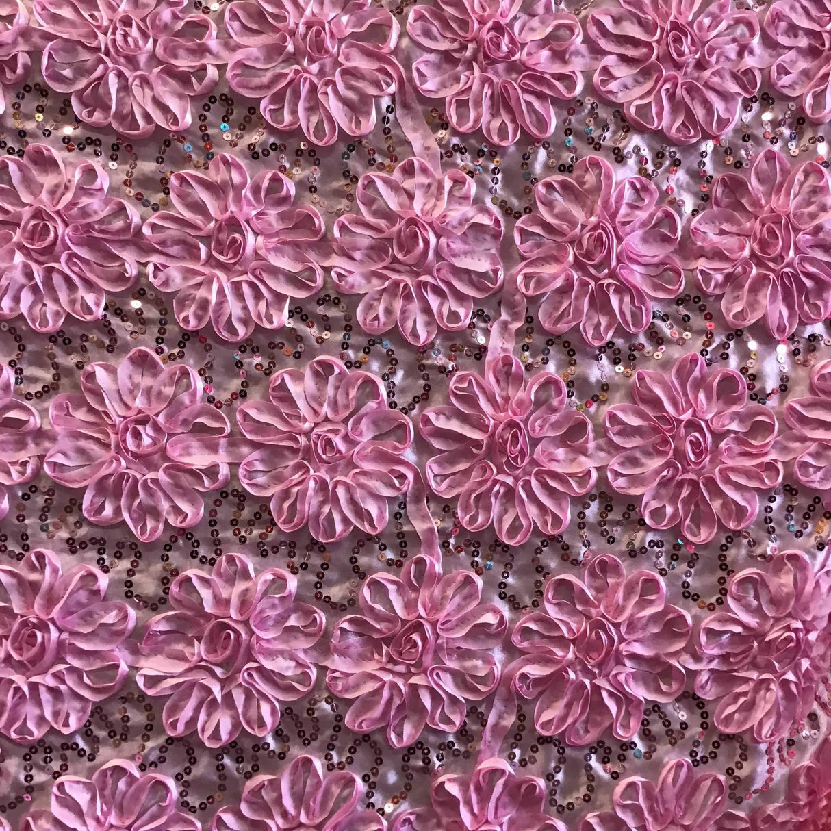 Pink Sequined Rosette Satin Fabric,
