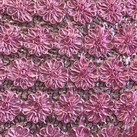 Pink Sequined Rosette Satin Fabric,