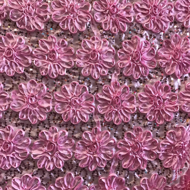 Pink Sequined Rosette Satin Fabric,