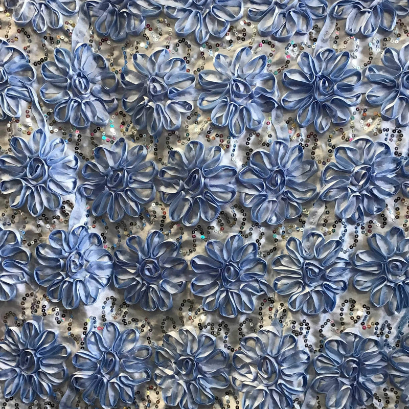 Light Blue Sequined Rosette Satin Fabric,