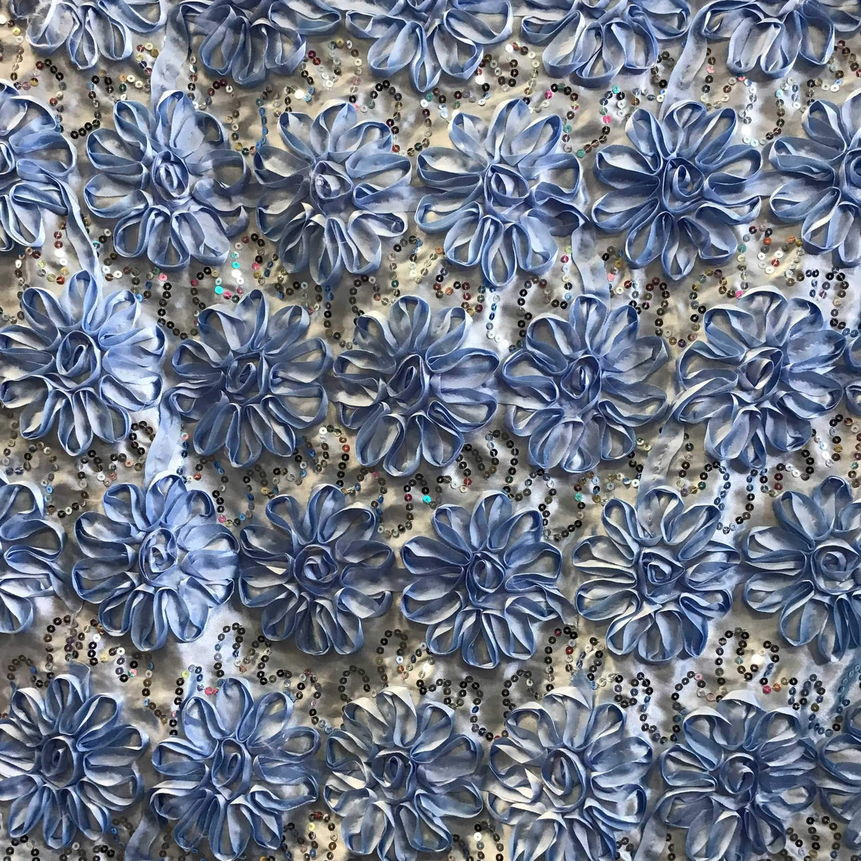 Light Blue Sequined Rosette Satin Fabric,