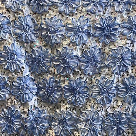 Light Blue Sequined Rosette Satin Fabric,