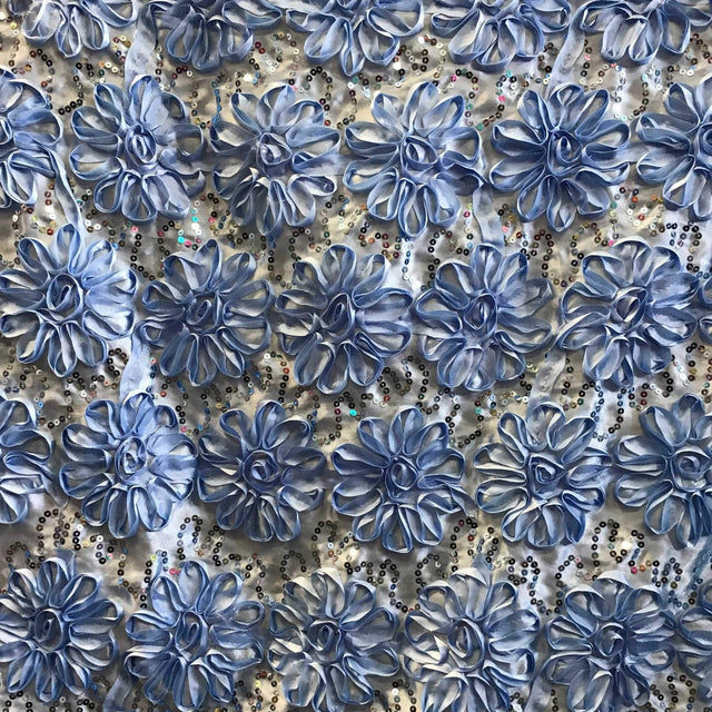 Light Blue Sequined Rosette Satin Fabric,