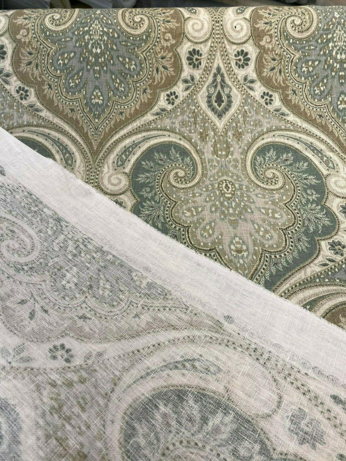Latika 135 Linen Fabric - Seafoam Blue/Beige Damask, 54.5" Width, 13.5" Horizontal Repeat, 18" Vertical Repeat (1 Yard)