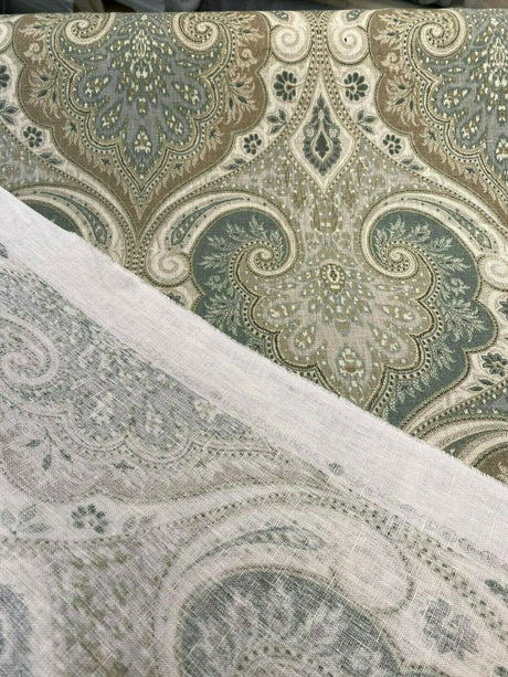 Latika 135 Linen Fabric - Seafoam Blue/Beige Damask, 54.5" Width, 13.5" Horizontal Repeat, 18" Vertical Repeat (1 Yard)