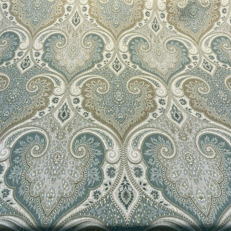 Latika 135 Linen Fabric - Seafoam Blue/Beige Damask, 54.5" Width, 13.5" Horizontal Repeat, 18" Vertical Repeat (1 Yard)