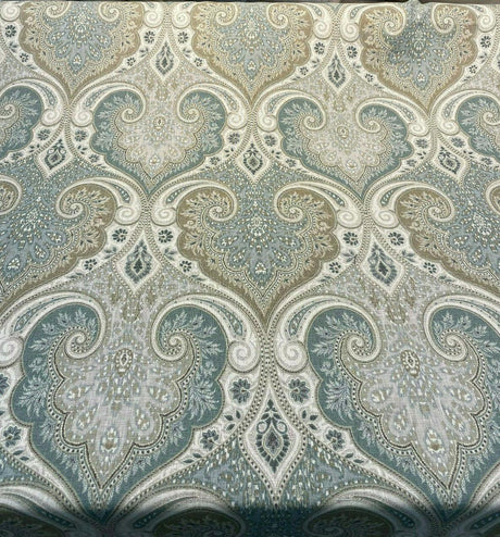 Latika 135 Linen Fabric - Seafoam Blue/Beige Damask, 54.5" Width, 13.5" Horizontal Repeat, 18" Vertical Repeat (1 Yard)