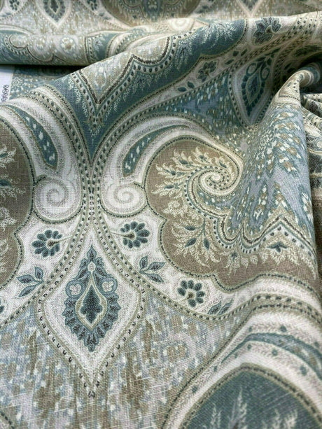 Latika 135 Linen Fabric - Seafoam Blue/Beige Damask, 54.5" Width, 13.5" Horizontal Repeat, 18" Vertical Repeat (1 Yard)