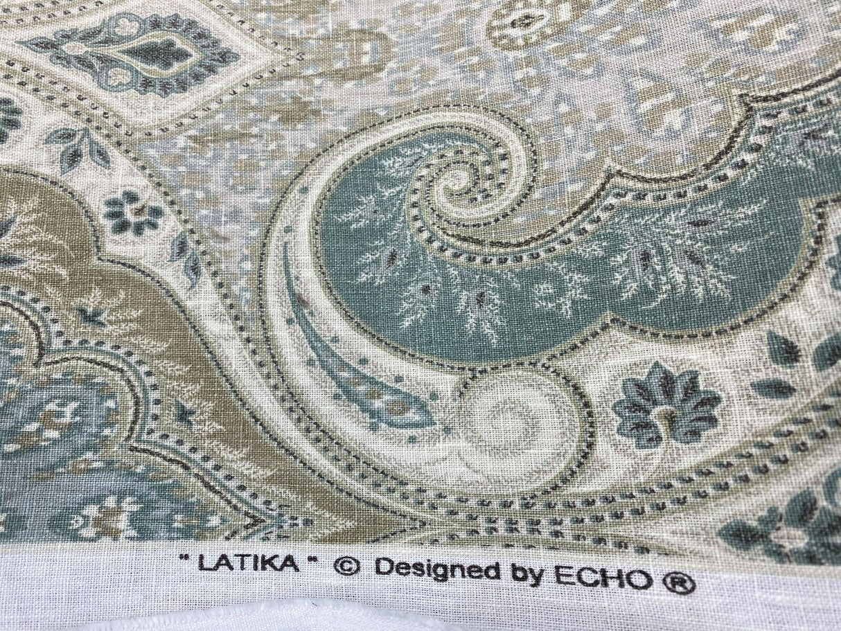 Latika 135 Linen Fabric - Seafoam Blue/Beige Damask, 54.5" Width, 13.5" Horizontal Repeat, 18" Vertical Repeat (1 Yard)