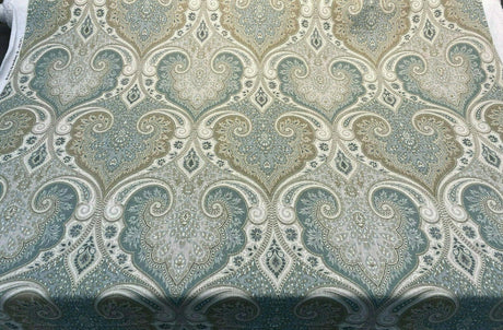 Latika 135 Linen Fabric - Seafoam Blue/Beige Damask, 54.5" Width, 13.5" Horizontal Repeat, 18" Vertical Repeat (1 Yard)