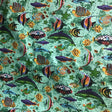 Marine Mixed Fish Green Poly Cotton Fabric,