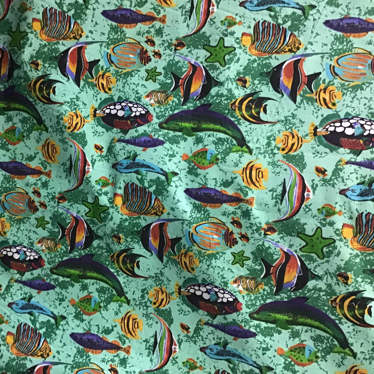 Marine Mixed Fish Green Poly Cotton Fabric,