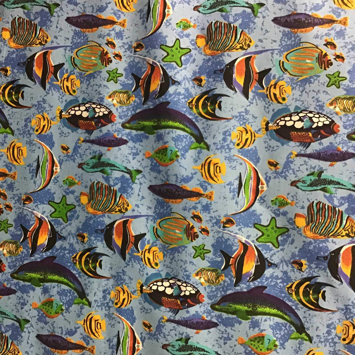 Marine Mixed Fish Light Blue Poly Cotton Fabric,
