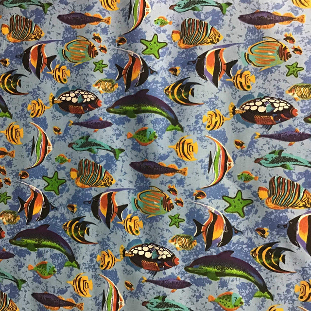 Marine Mixed Fish Light Blue Poly Cotton Fabric,