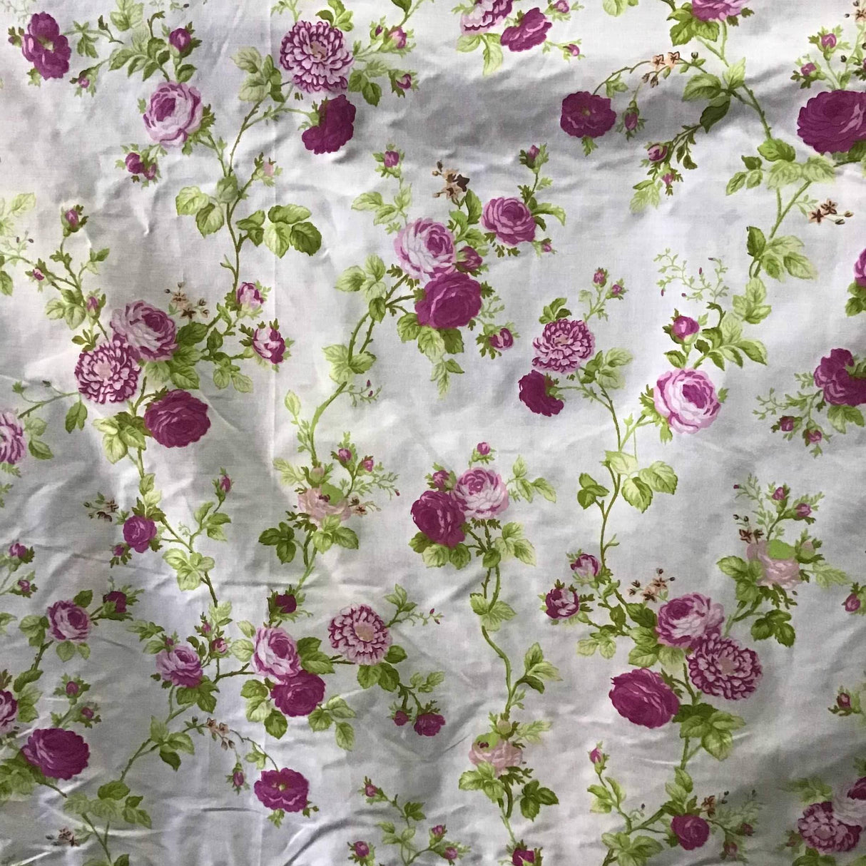Floral Rose Magenta on White Poly Cotton Fabric