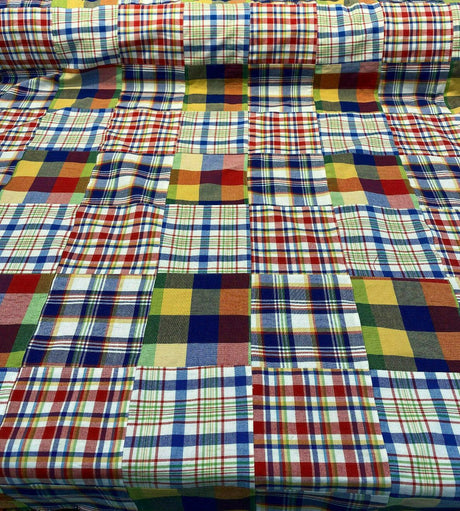 Patchwork Nantucket Plaid Cotton Fabric - Red, Blue, Yellow, Orange, Green, White Patchwork Plaid, 54" Width (1 Yard)