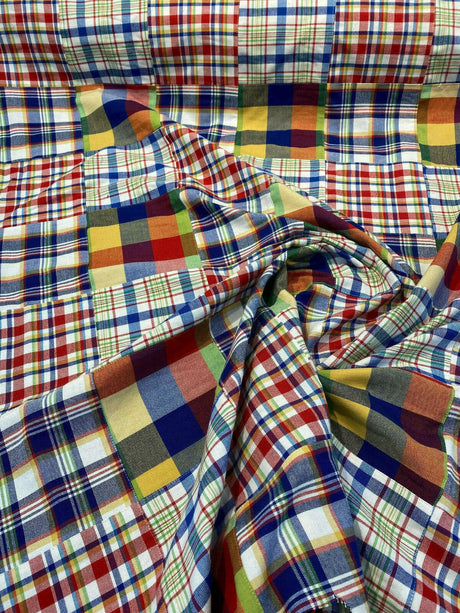Patchwork Nantucket Plaid Cotton Fabric - Red, Blue, Yellow, Orange, Green, White Patchwork Plaid, 54" Width (1 Yard)