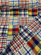 Patchwork Nantucket Plaid Cotton Fabric - Red, Blue, Yellow, Orange, Green, White Patchwork Plaid, 54" Width (1 Yard)