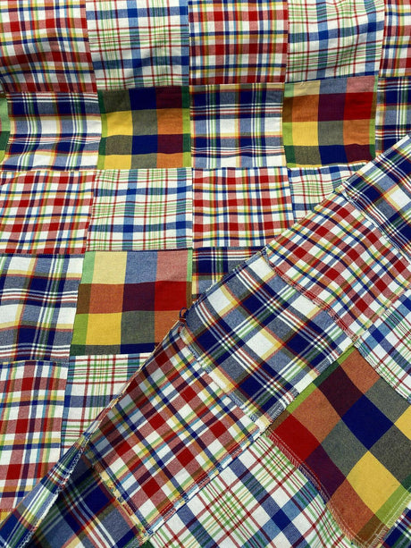 Patchwork Nantucket Plaid Cotton Fabric - Red, Blue, Yellow, Orange, Green, White Patchwork Plaid, 54" Width (1 Yard)