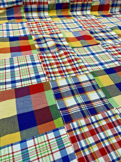 Patchwork Nantucket Plaid Cotton Fabric - Red, Blue, Yellow, Orange, Green, White Patchwork Plaid, 54" Width (1 Yard)