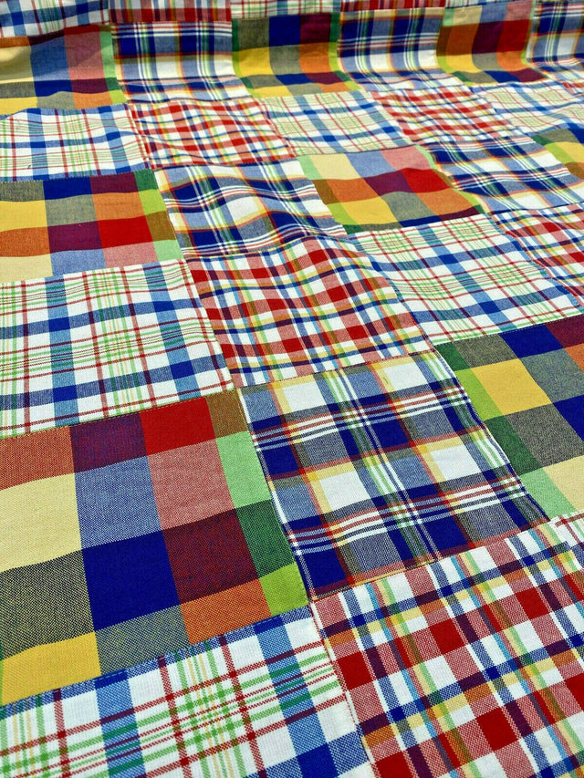Patchwork Nantucket Plaid Cotton Fabric - Red, Blue, Yellow, Orange, Green, White Patchwork Plaid, 54" Width (1 Yard)