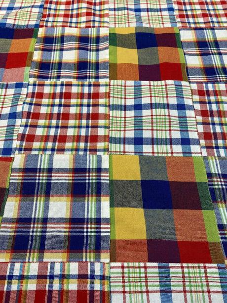 Patchwork Nantucket Plaid Cotton Fabric - Red, Blue, Yellow, Orange, Green, White Patchwork Plaid, 54" Width (1 Yard)