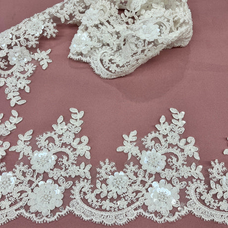 Beaded Corded Floral Lace Trim 6.5" Wide