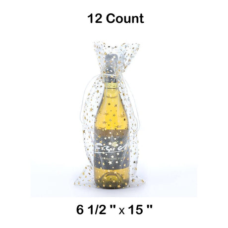 Star Print Organza Wine Bags 6 1/2 '' x 15 '' White Color 12 EACH / PACKAGE