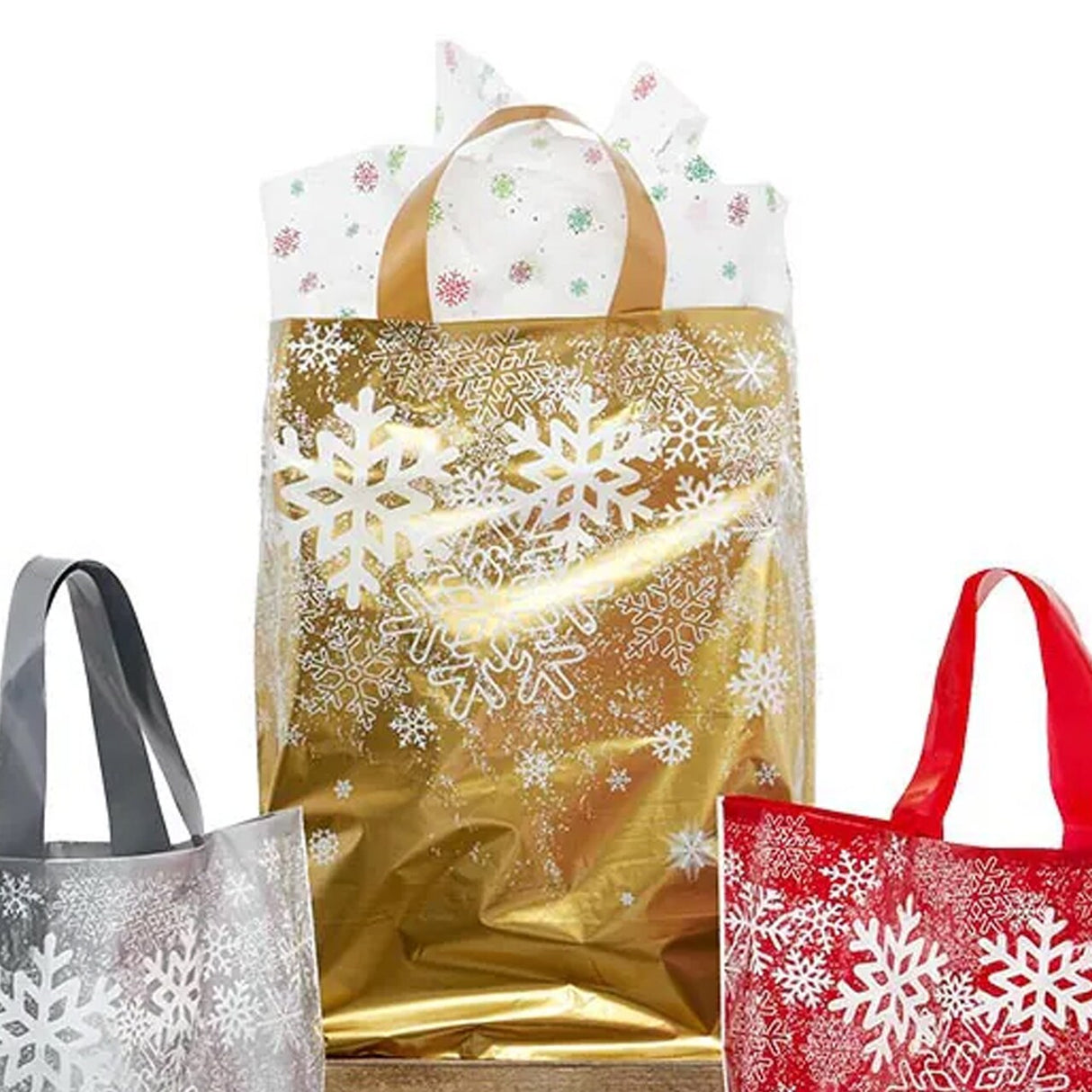Snowflake Printed LDPE Bags 22” x 8” x 18” for Holiday Gifts
