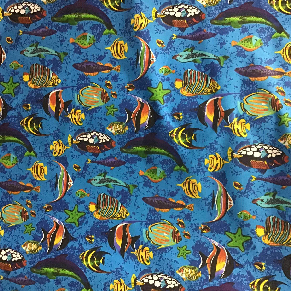 Marine Mixed Fish Blue Poly Cotton Fabric,
