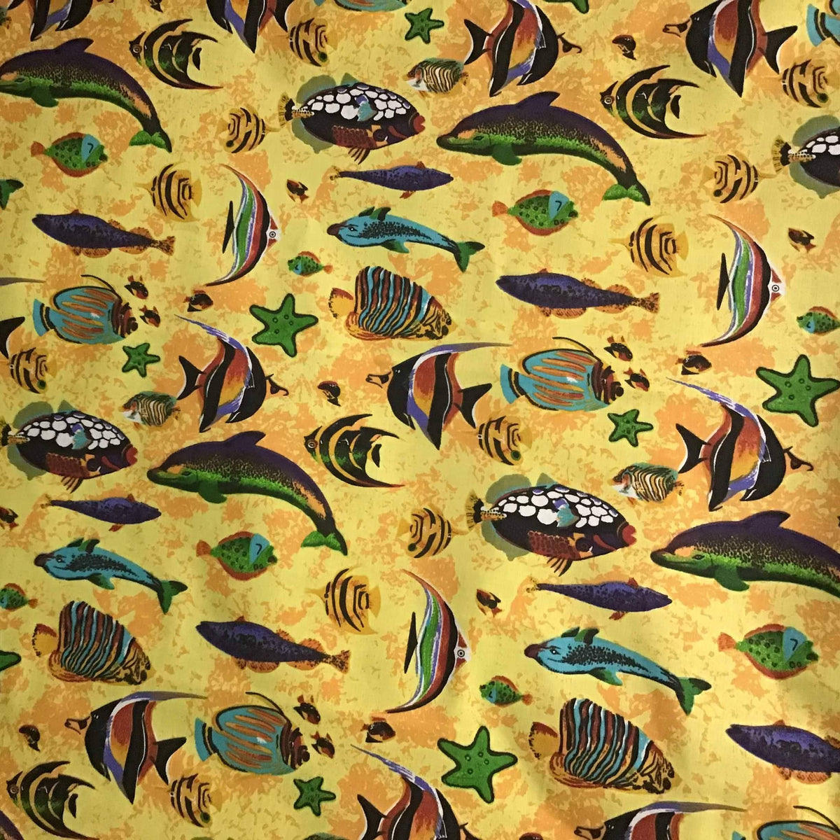 Marine Mixed Fish Yellow Poly Cotton Fabric,
