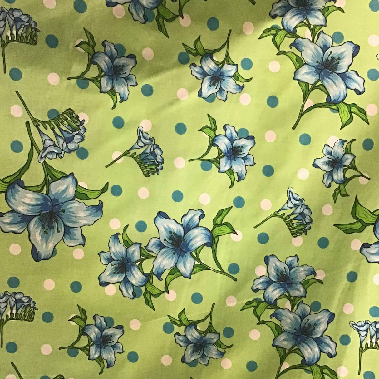 Florals and Polka Dot on Green Poly Cotton Fabric,