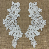 1 Pair 9" x 3" Each Side Beaded & Corded Floral Lace Applique Organza