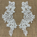 Beaded Corded Floral Lace Applique 100 Percent Polyester Fabric - Floral Embroidered, 9" X 3" Each Side (1 Pair)