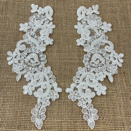 Beaded Corded Floral Lace Applique 100 Percent Polyester Fabric - Floral Embroidered, 9" X 3" Each Side (1 Pair)