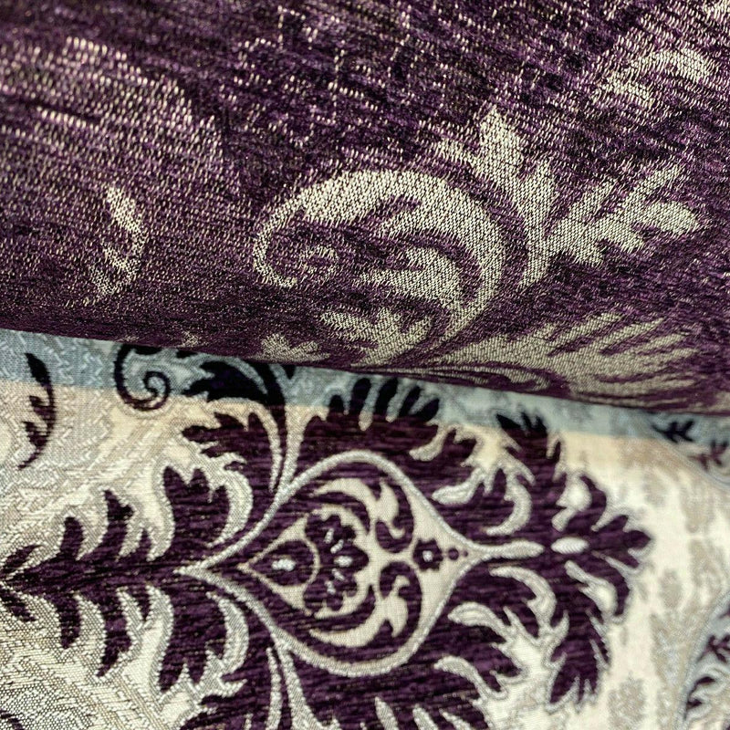 Grenada Damask Upholstery Fabric - Purple, Silver, Gray Damask, 58" Width (1 Yard)