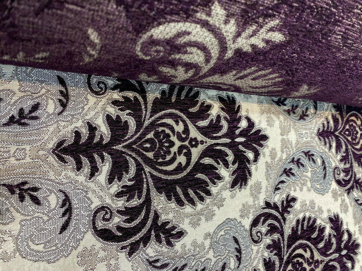 Grenada Damask Upholstery Fabric - Purple, Silver, Gray Damask, 58" Width (1 Yard)